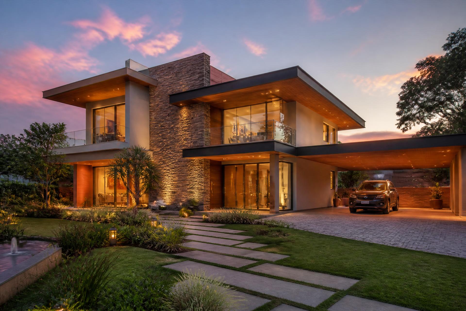Modern luxury Kenyan home built by Cornerstone Construction at golden hour